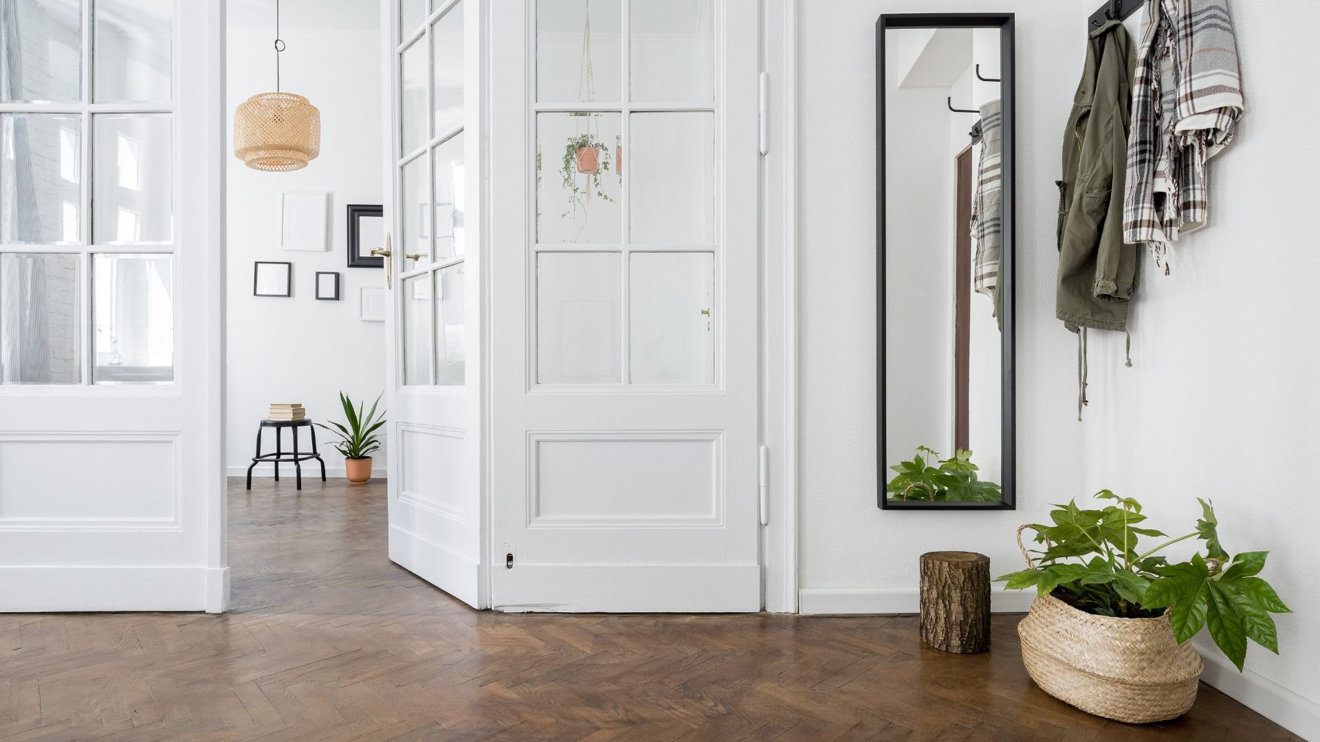 Bright minimal entryway with white walls, plants, and wooden floor